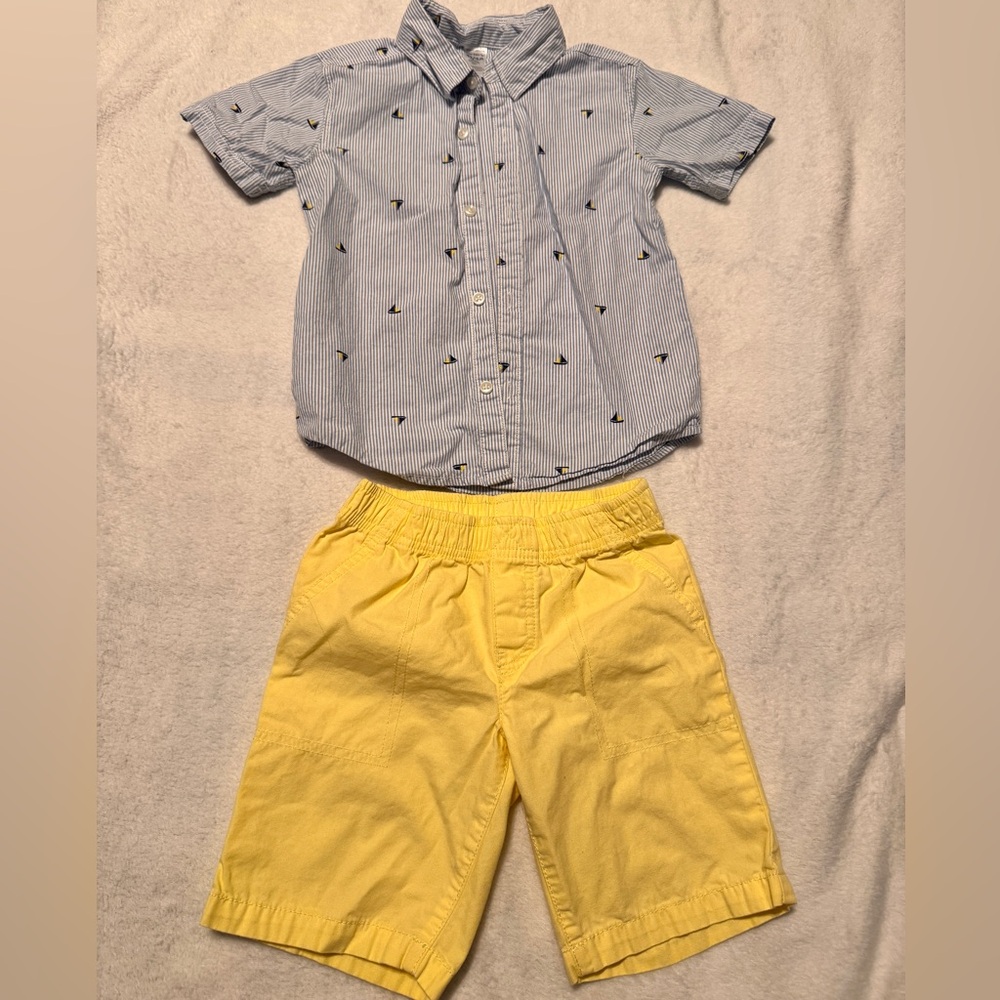 Carters Boys Blue Striped Shirt with Boats and Yellow Shorts Set